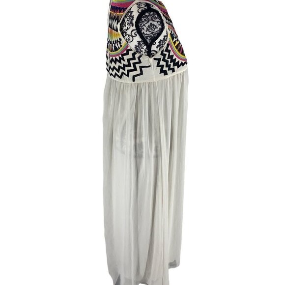 Vivi Party Embroidered Boho Maxi Dress White Sheer Taffeta Skirt Size Medium - Picture 4 of 10